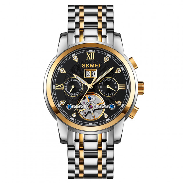 Жіночий механічний годинник Skmei M029TGDBK Gold-Silver-Black з автопідзаводом та календарем