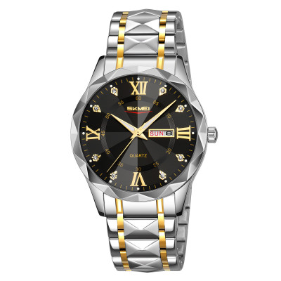 Чоловічий класичний годинник Skmei 9369TGDBK Gold-Black зі сріблястим браслетом та мінеральним склом