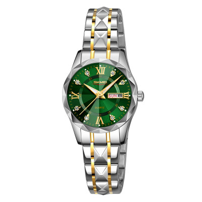 Жіночий годинник Skmei 9370TGDGN Silver-Gold-Green з мінеральним склом та сталевим браслетом