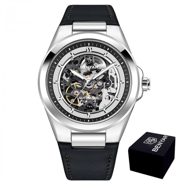 Чоловічий механічний годинник Benyar BY-5207 Black-Silver-White з автопідзаводом та шкіряним ремінцем