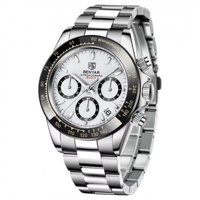Чоловічий годинник Benyar BY-5169 Silver-White зі сталевим браслетом, хронографом та тахіметром