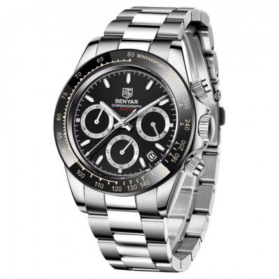 Чоловічий годинник Benyar BY-5169 Silver-Black з хронографом та сталевим браслетом
