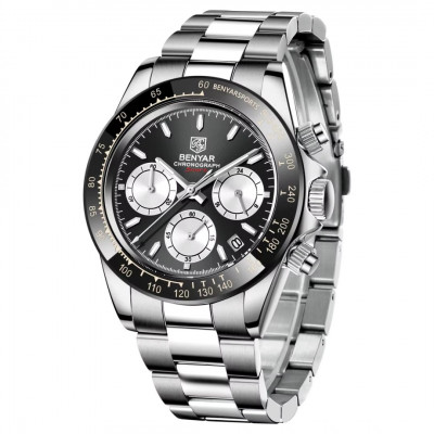 Чоловічий наручний годинник Benyar BY-5169 Silver-Black-White з хронографом та сталевим браслетом