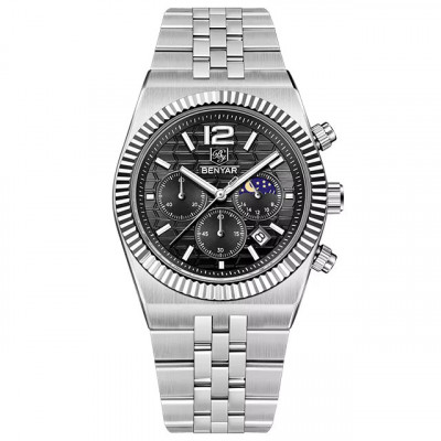 Чоловічий класичний годинник Benyar BY-5225 Silver-Black зі сріблястим браслетом та чорним циферблатом