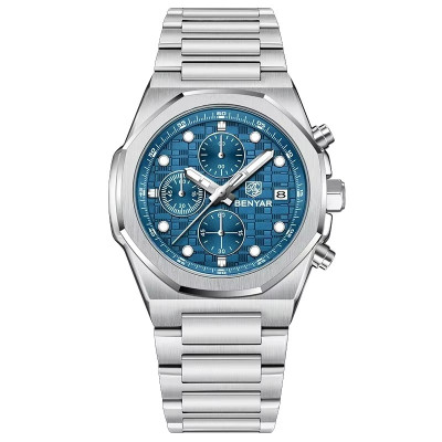Чоловічий годинник Benyar BY-5216 Silver-Blue з хронографом та сталевим браслетом
