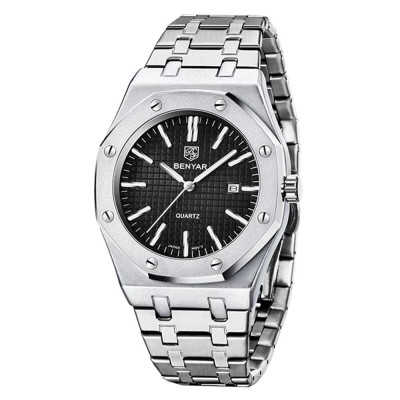 Чоловічий годинник Benyar BY-5156 Silver-Black зі сталевим браслетом та чорним циферблатом