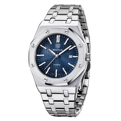 Чоловічий годинник Benyar BY-5156 Silver-Blue з синім циферблатом та сталевим браслетом