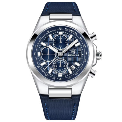 Чоловічий годинник Benyar BY-5206 Silver-Blue з хронографом та шкіряним ремінцем