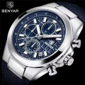 Чоловічий годинник Benyar BY-5206 Silver-Blue з хронографом та шкіряним ремінцем