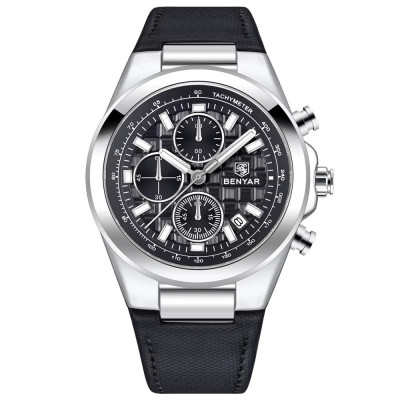 Чоловічий годинник Benyar BY-5206 Silver-Black з хронографом та шкіряним ремінцем