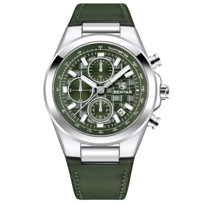 Чоловічий годинник Benyar BY-5206 Silver-Green з хронографом та шкіряним ремінцем