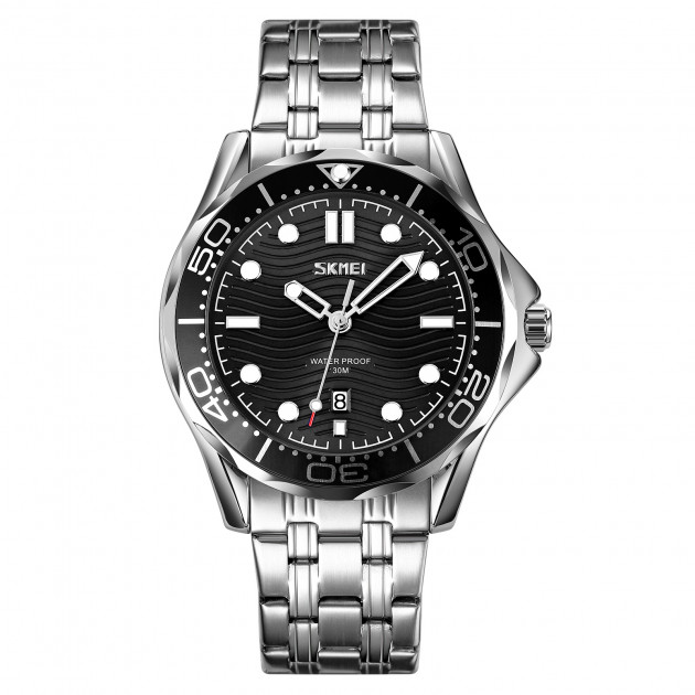 Чоловічий класичний годинник Skmei 9276SSIBK Silver-Black Steel Strap з металевим браслетом