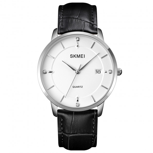 Чоловічий годинник Skmei 1801LSIWT Silver-Black White Leather класичний зі шкіряним ремінцем