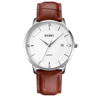 Чоловічий класичний годинник Skmei 1801LSIBN Silver-White Brown Leather зі шкіряним ремінцем
