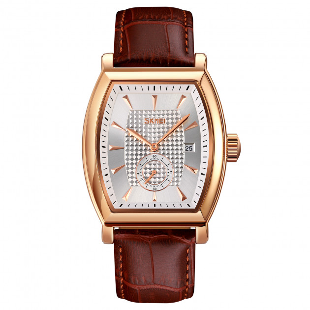 Чоловічий класичний годинник Skmei 9306RGSI Rose Gold-Silver з мінеральним склом та шкіряним ремінцем