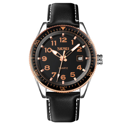 Чоловічий годинник Skmei 9232LRGBK Rose-Gold Black Leather з мінеральним склом та шкіряним ремінцем