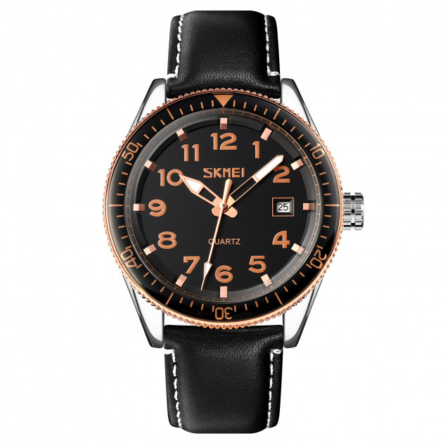 Чоловічий годинник Skmei 9232LRGBK Rose-Gold Black Leather з мінеральним склом та шкіряним ремінцем
