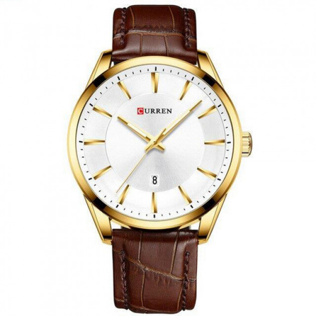 Чоловічий класичний годинник Curren 8365 Brown-Gold-White з коричневим шкіряним ремінцем