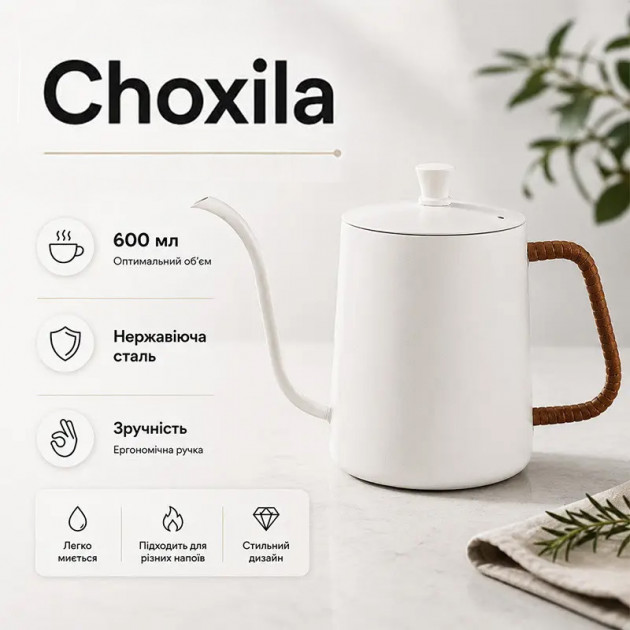 Чайник кофейник заварочный Choxila 11996 с длинным носиком нержавеющая сталь 600 мл Cream