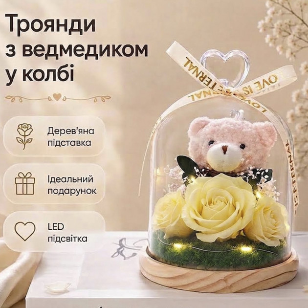 Розы с мишкой в колбе с LED подсветкой ночник на батарейках Champagne