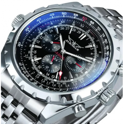 Чоловічий механічний годинник Jaragar 6905 Silver-Black зі сріблястим корпусом та чорним циферблатом