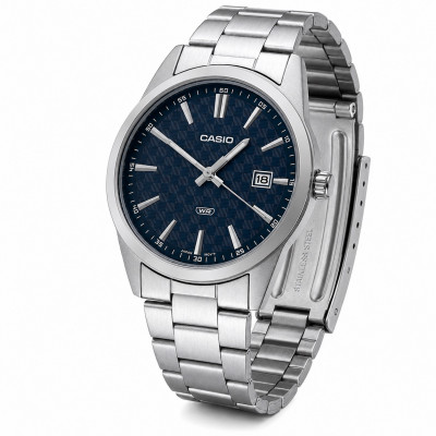 Чоловічий годинник Casio MTP-VD03D-2A з синім циферблатом та сталевим браслетом