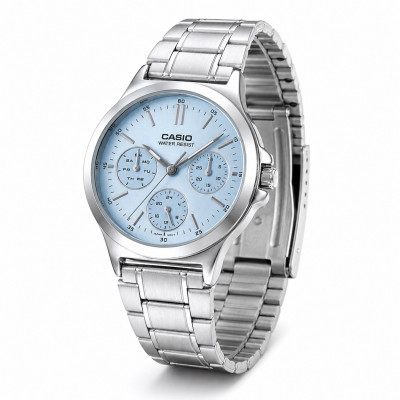 Жіночий годинник Casio LTP-V300D-2A — класична модель зі сріблястим браслетом та синім циферблатом