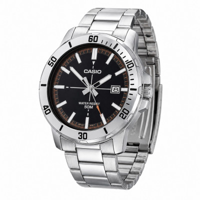 Чоловічий годинник Casio MTP-VD01D-1E2 класичний сталевий з чорним циферблатом та датою