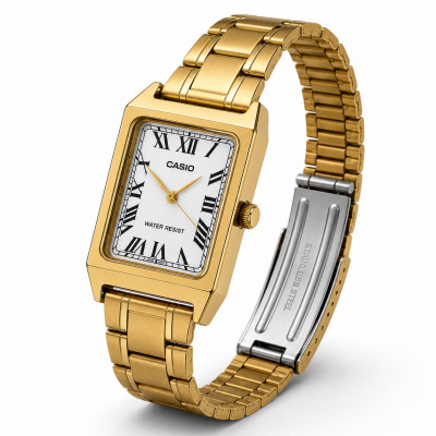 Жіночий годинник Casio LTP-V007G-9B у золотистому корпусі з прямокутним циферблатом