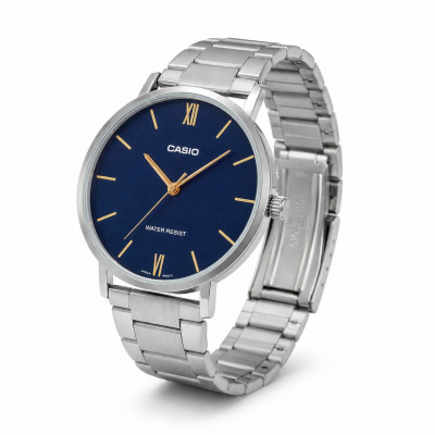 Чоловічий годинник Casio MTP-VT01D-2B з синім циферблатом та сталевим браслетом