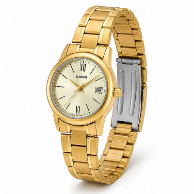 Жіночий годинник Casio LTP-V002G-9B3 класичний золотистий з датою та мінеральним склом