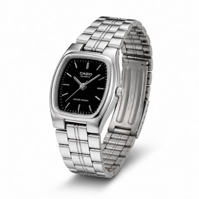 Жіночий годинник Casio LTP-1169D-1A — класична модель зі сріблястим браслетом та чорним циферблатом
