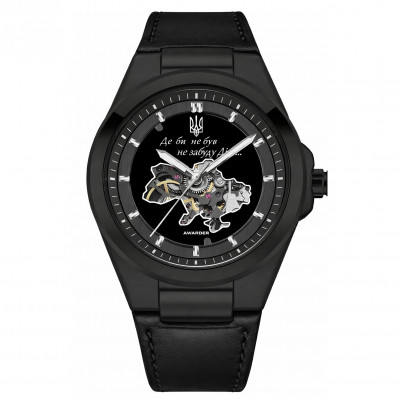 Чоловічий механічний годинник Awarder 050 Де би не був All Black Leather з автопідзаводом та шкіряним ремінцем