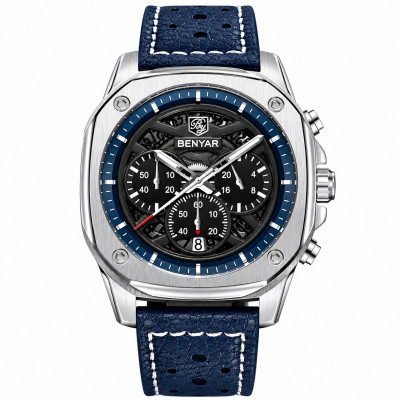 Чоловічий наручний годинник Benyar BY-5222 Blue-Silver з хронографом та шкіряним ремінцем