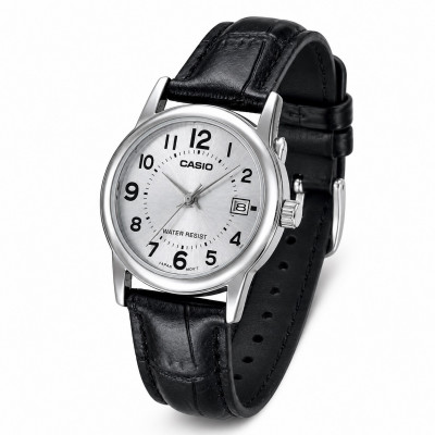 Жіночий годинник Casio LTP-V002L-7B Classic з чорним шкіряним ремінцем та датою