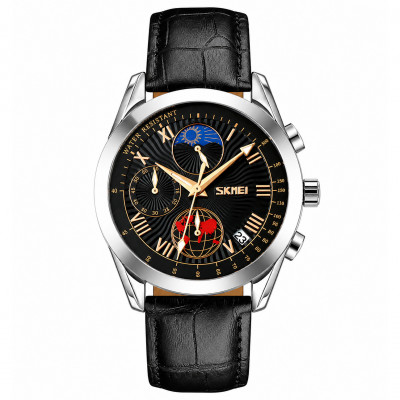 Чоловічий наручний годинник Skmei 9236SIBK Silver-Black з хронографом та шкіряним ремінцем
