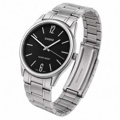 Чоловічий годинник Casio MTP-V005D-1B Класичний зі сріблястим браслетом та чорним циферблатом