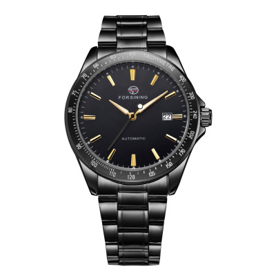 Чоловічий механічний годинник Forsining 8294 Black-Gold Steel з автопідзаводом та браслетом