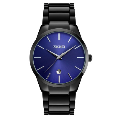 Чоловічий класичний годинник Skmei 9140BKBU Black-Blue з металевим браслетом та синім циферблатом