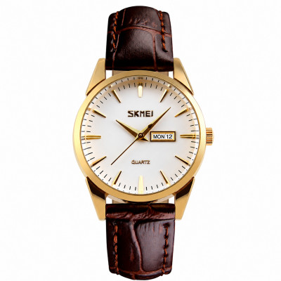 Жіночий класичний годинник Skmei 9073GDWT-S Gold-White з білим циферблатом та шкіряним ремінцем