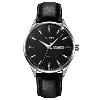 Чоловічий класичний годинник Skmei 2075SIBK Silver-Black зі шкіряним ремінцем та календарем