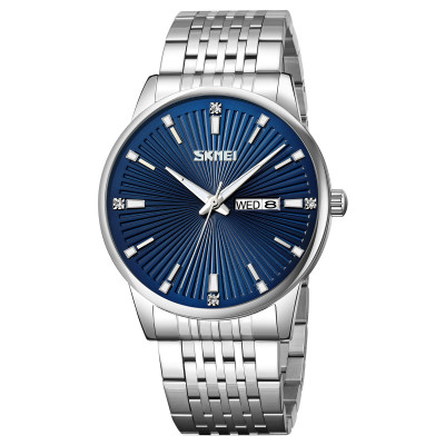 Чоловічий класичний годинник Skmei 9323SIBU Silver-Blue зі сріблястим браслетом та синім циферблатом