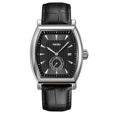 Чоловічий класичний годинник Skmei 9306SIBK Silver-Black зі сріблястим прямокутним корпусом та шкіряним ремінцем