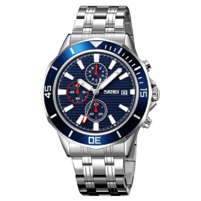 Чоловічий годинник Skmei 9335SIBU Silver-Blue з хронографом та календарем, сріблястий браслет