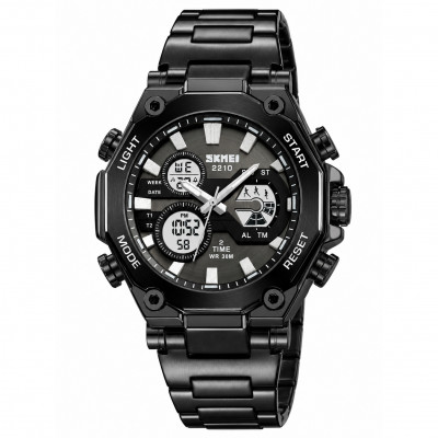 Чоловічий годинник Skmei 2210BK Black з комбінованим циферблатом та металевим браслетом