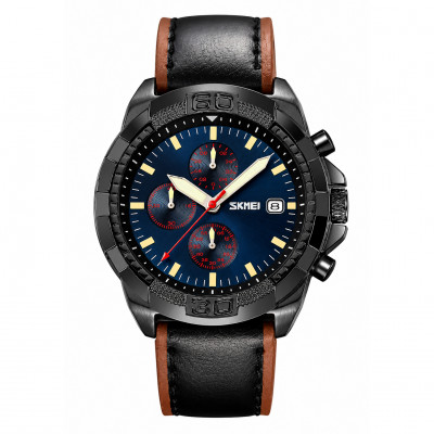 Чоловічий наручний годинник Skmei 9347BKBU Black-Blue з хронографом та шкіряним ремінцем