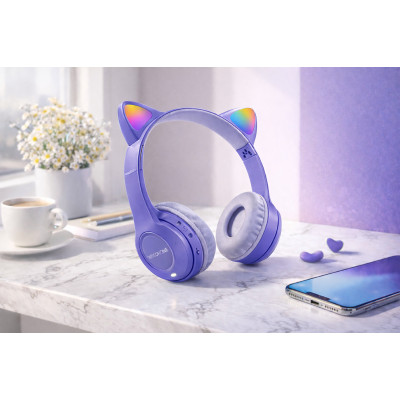 Беспроводные наушники с кошачьими ушками и лед подсветкой Cat Ear Y47 Led, Bluetooth наушники с микрофоном Сиреневый