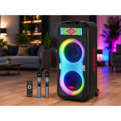 Портативная акустика ZXX-1510 / Караоке колонка 100Вт / Переносная акустическая колонка с LED подсветкой + 2 микрофона / Двойная 10-дюймовая акустическая переносная колонка