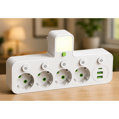Сетевой фильтр 4 розетки + USB/адаптер на 4 розетки + USB с индивидуальными кнопками и LED-подсветкой Белый