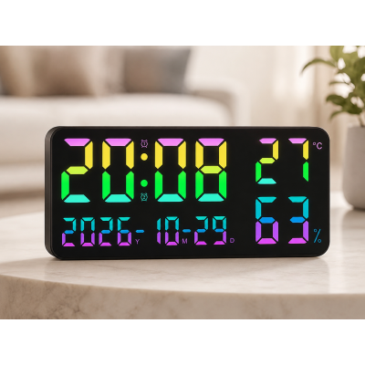 Часы GH0750 RGB настенные, настольные / часы с пультом на USB / Часы календарь, будильник, t°, влажность